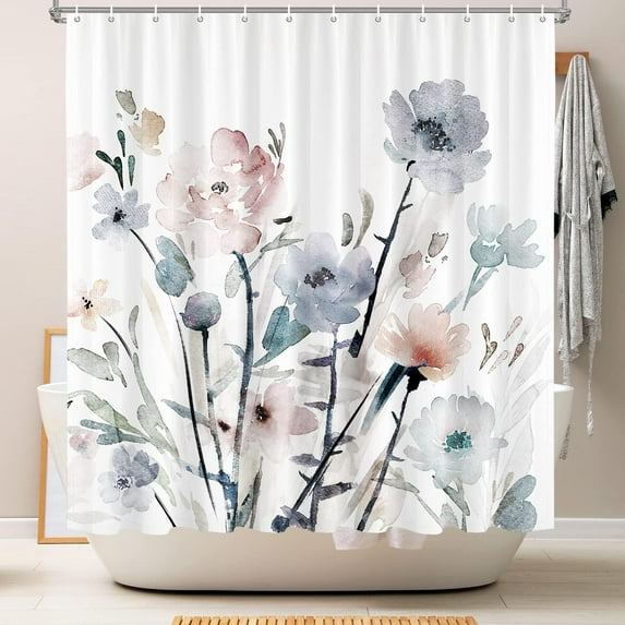Watercolor Floral Shower Curtain, White Flowers Bathroom Curtains Sets, Modern Minimalist Bath Curtain, Polyester Fabric, 12 Hooks 72x72 Inches, Machine Washable, Wildflower Plant Bath Curtain Set