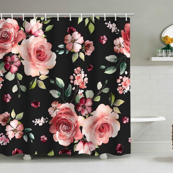 Watercolor Floral Shower Curtain with Leaves and Roses Design, Waterproof Polyester Bathroom Curtain, Available in Black 72"W x 84"L (Pack of 1)