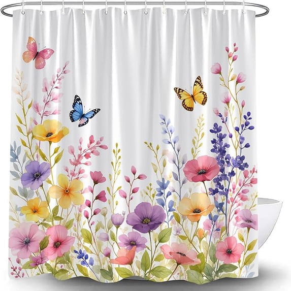 Watercolor Floral Shower Curtains Boho Flower Colorful Wildflower Butterfly Plant Farmhouse Rustic Botanical Minimalist Spring Decor Bathroom Curtains Set With Hooks 60"W x 72"L