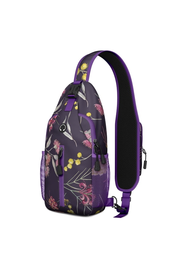 Watercolor Floral Sling Backpack with Hummingbird and Bee Print – Ergonomic Fit, Reversible Strap – Vintage Country Garden Style