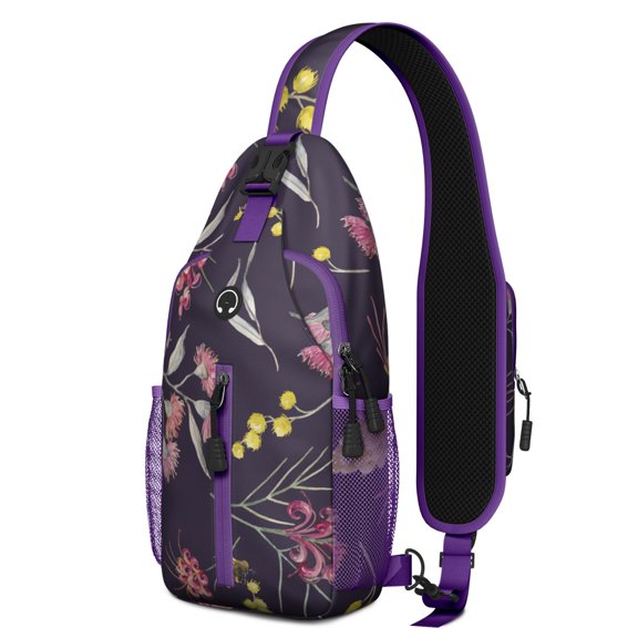 Watercolor Floral Sling Backpack with Hummingbird and Bee Print – Ergonomic Fit, Reversible Strap – Vintage Country Garden Style
