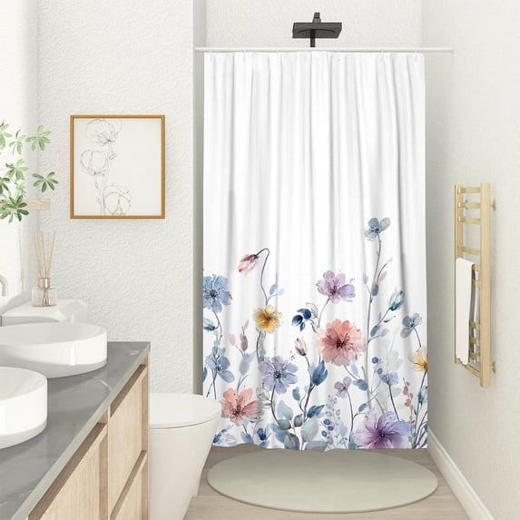 Watercolor Floral Small Shower Stall Curtain Size 36" x 72", Pastel Wildflower Colorful Flower Narrow Stand up Shower Curtains for Bathroom Decor Polyester Fabric Set