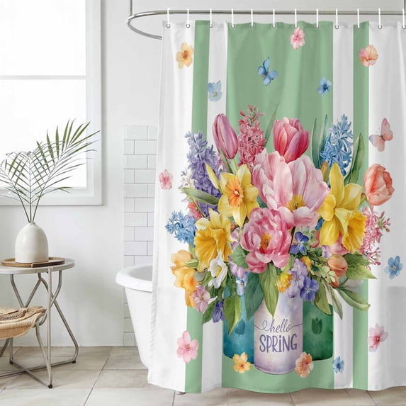 Watercolor Floral Small Stall Shower Curtain, Waterproof Shower Curtains for Bathroom, Spring Flowers Butterflies Leaves Green Washable Fabric Bath Curtain for Bathtub with Hooks 36x78 Inches