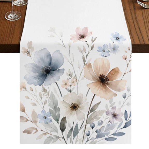 Watercolor Floral Spring Burlap Cotton Table Runner 13x60 Inches Long, Summer Botanical Garden Flowers Farmhouse Table Runners, Outdoor Dining Tablecloths Decor for Baby Shower/Party/Wedding