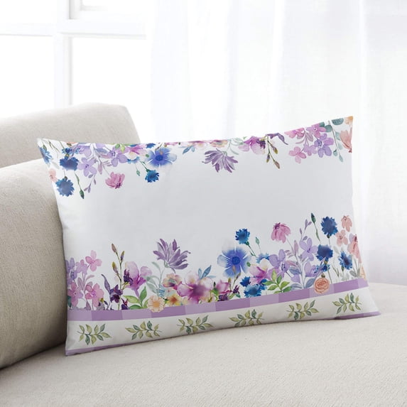 Watercolor Floral Spring Throw Pillow Cover,Purple Blue Blooming Botanical Rectangle Decorative Pillow Case Protector Soft Cushion Cover Lumbar Pillowcase for Couch Sofa Bedroom Car Decor 20x30 Inch