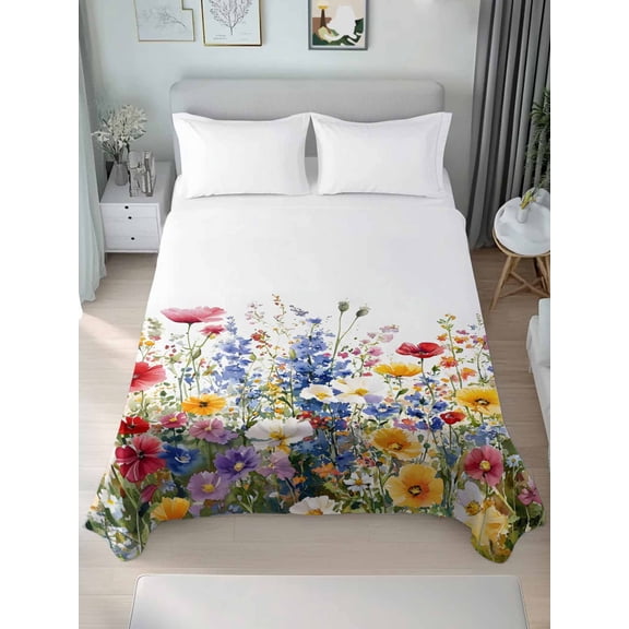 Watercolor Floral Spring Twim Size Flat Sheet, Wrinkleproof & Fadeproof Cooling Flat Bed Sheet Only, Summer Botanical Oil Painting Breathable Soft Bedding Top Sheets 66 x 96 Inches