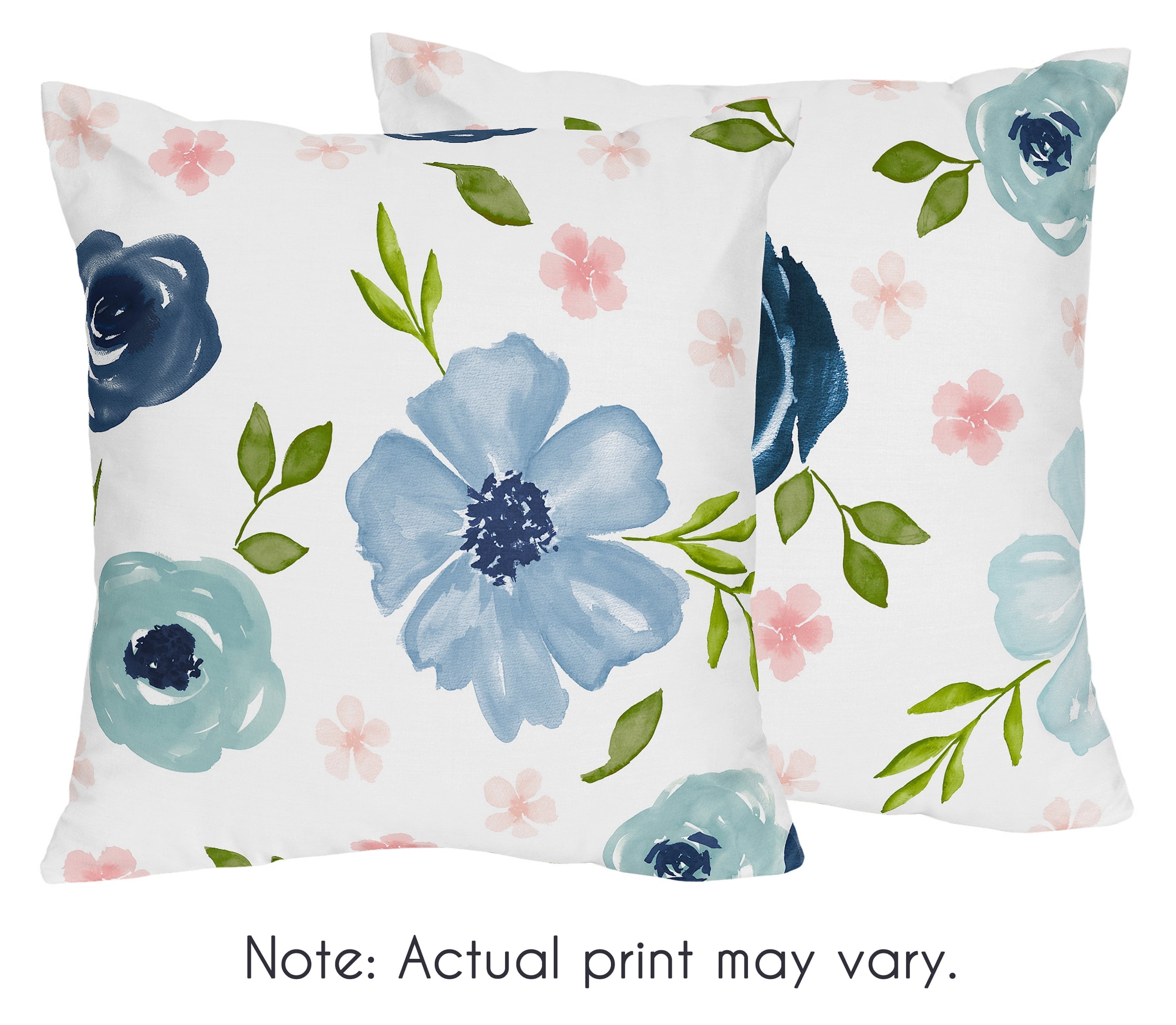 Navy Blue and Pink Watercolor Floral 18'' Square Pillow Set