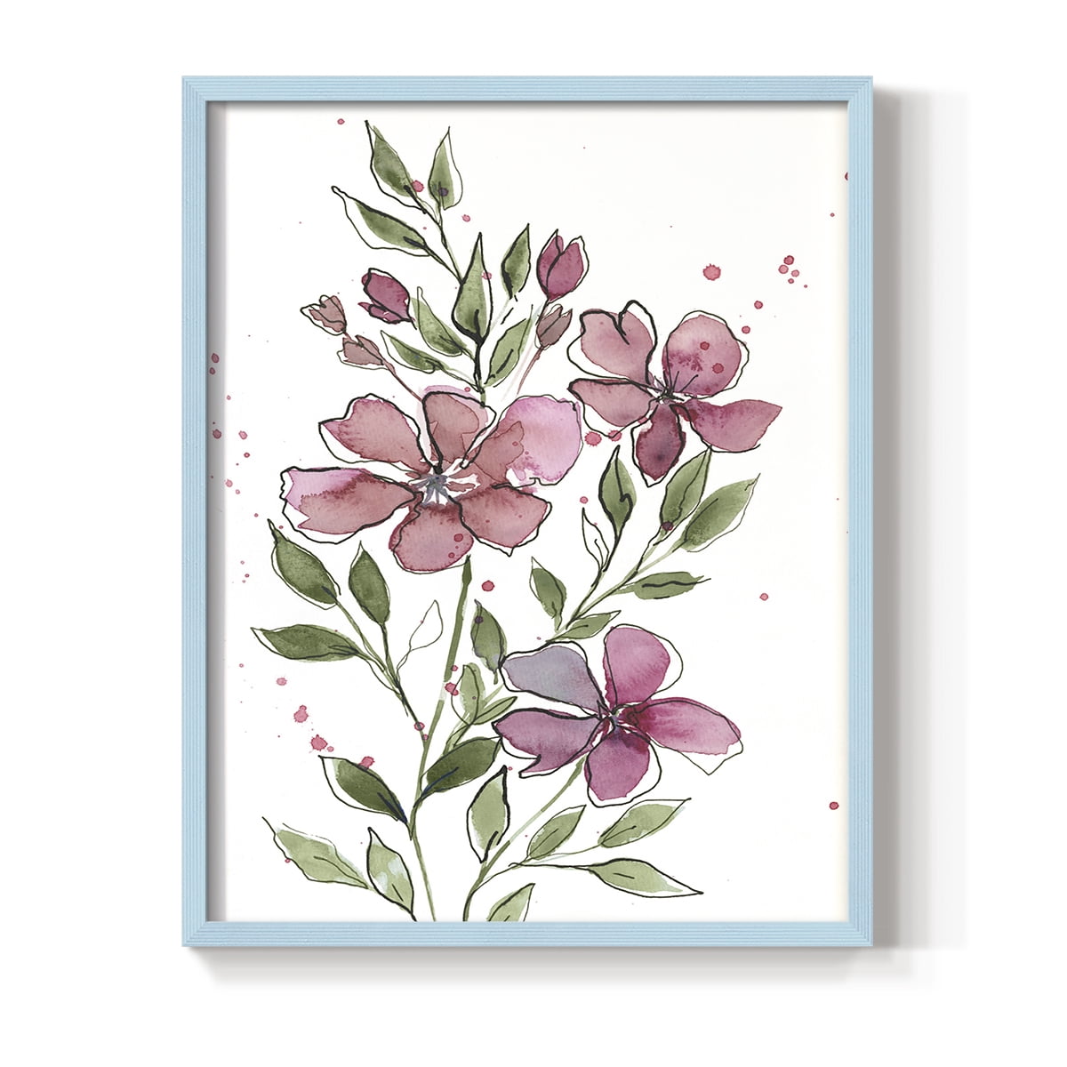 Watercolor Floral Stems I Framed Print in Blue Solid Wood 8 x 10 Framed Print