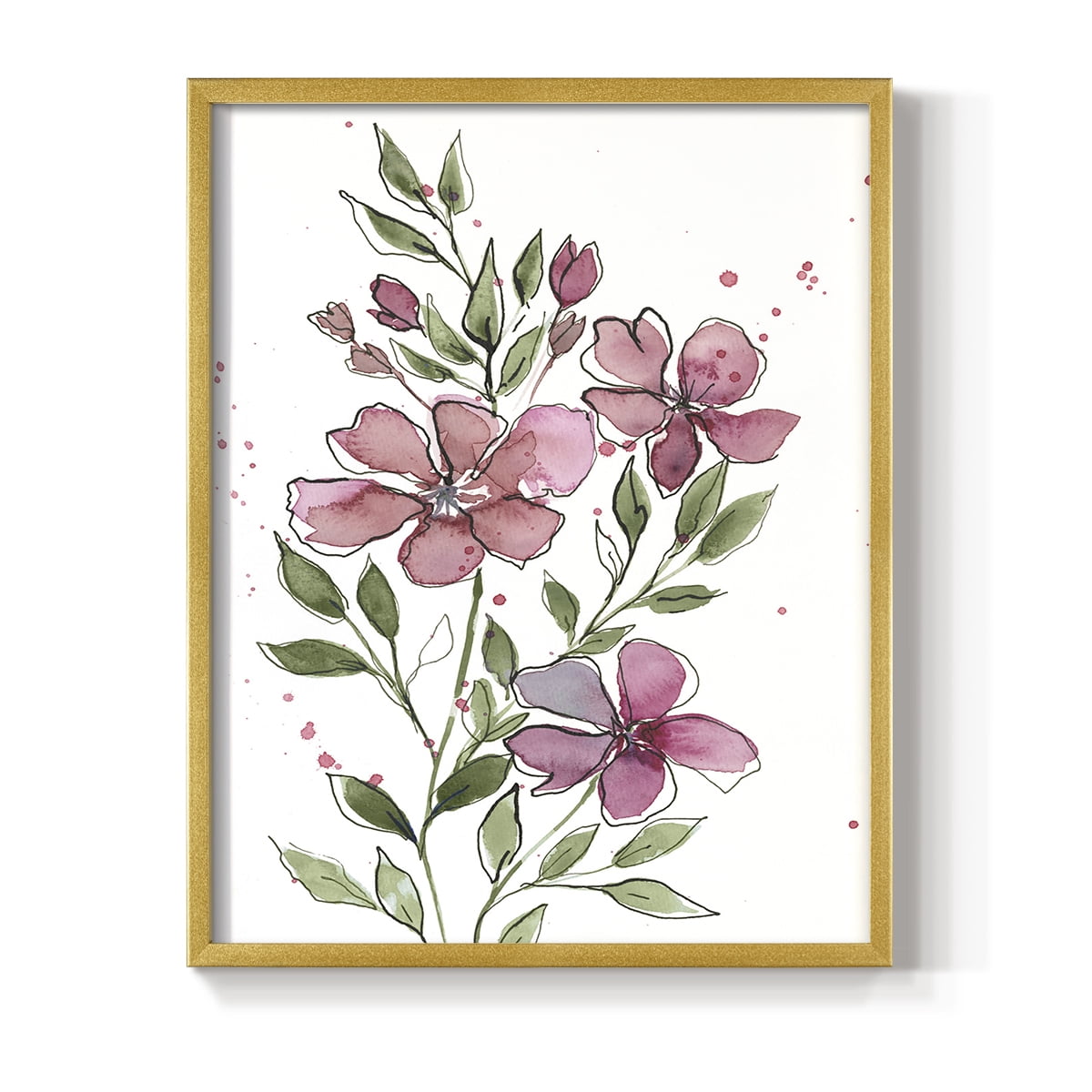 Watercolor Floral Stems I Framed Print in Gold Solid Wood 8 x 10 Framed Print