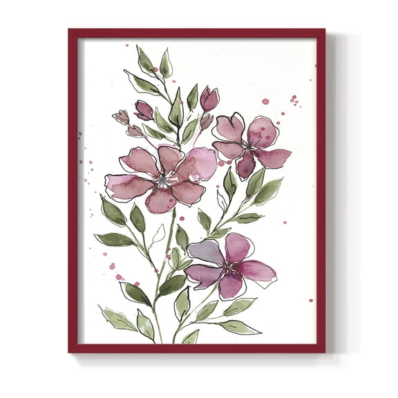 Watercolor Floral Stems I Framed Print in Red Solid Wood 8 x 10 Framed Print