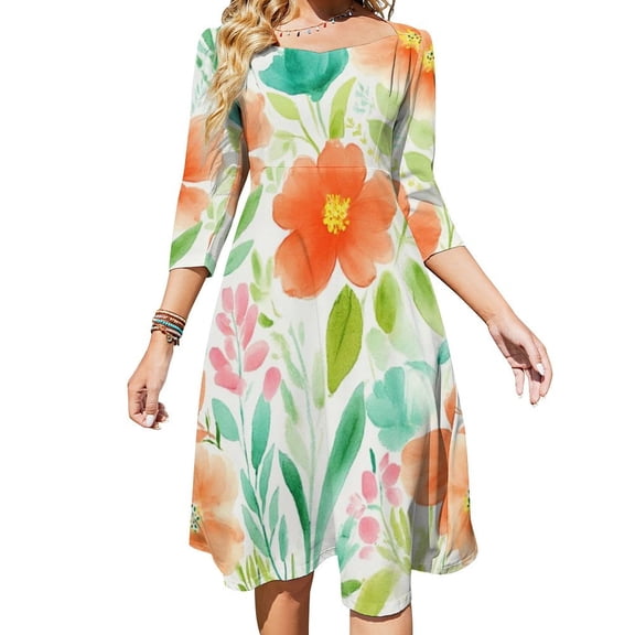 Watercolor Floral Summer Blossom Art Womens Summer Dress Tie Back A Line Flare Dress