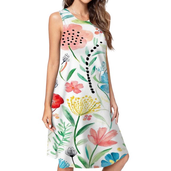 Watercolor Floral Summer Bright Pattern Casual Sleeveless Loose Sundress Dress For Women Summer Dress Daily Woman
