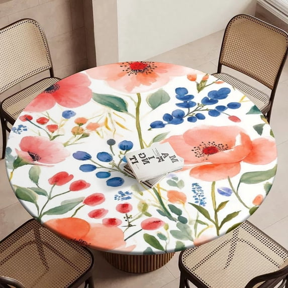 Watercolor Floral Summer Garden Blooms Round Table Cover Kitchen Printed Waterproof Tablecloth Elastic Edged Tablecloth Fits Party Wedding Indoor Outdoor Tables