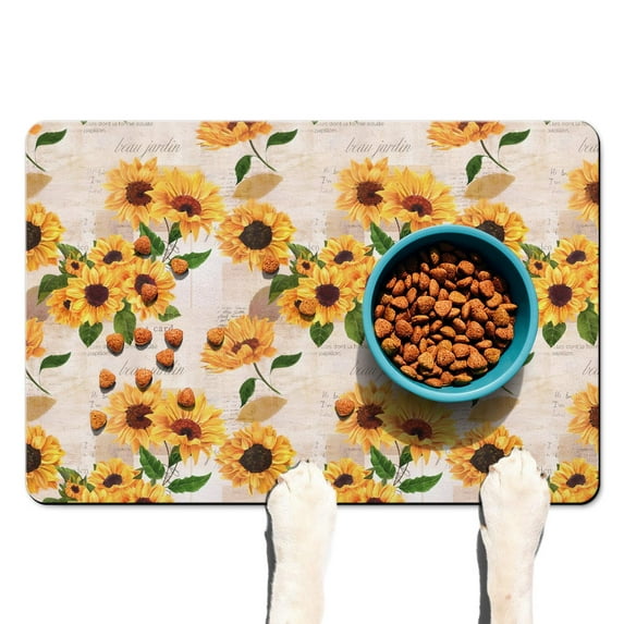Watercolor Floral Sunflower Dog Mat - Eco-Friendly Pet Food Placemat with Country Farm Theme, Easy Clean
