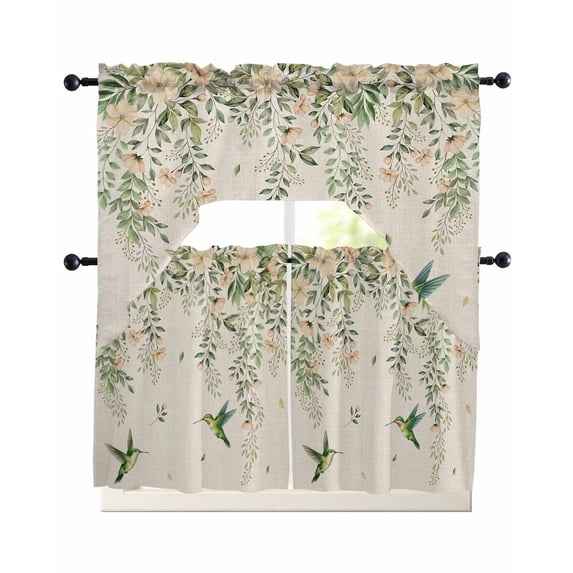 Watercolor Floral Swag Kitchen Curtains Sets for Windows 24 Inch Length, Spring Flowers Birds Plants Country Beige Short Window Curtain Swags Valances and Tiers 3 Piece Set for Cafe/Dining Room