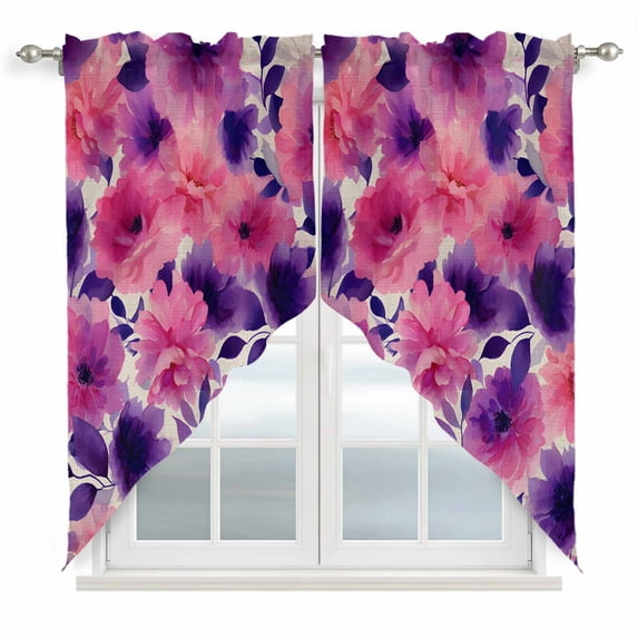 Watercolor Floral Swag Valances for Windows, Kitchen Window Curtains Over Sink, Spring Flowers Botanical Retro Beige Window Treatment Curtains for Living Room/Bedroom Curtains 2 Panel Sets 36"x45"