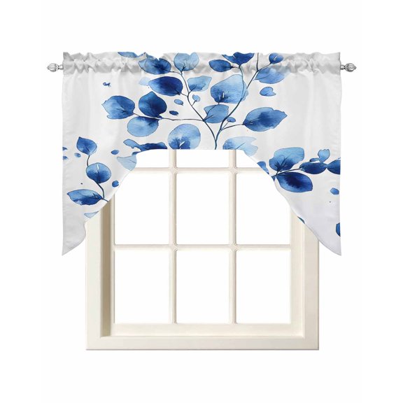 Watercolor Floral Swag Valances for Windows, Small Curtains Drapes, Blue Verdant Flower Patterns Kitchen Window Curtains Over Sink Rod Pocket Window Treatment Valance for Bedroom/Bathroom 56"x36"