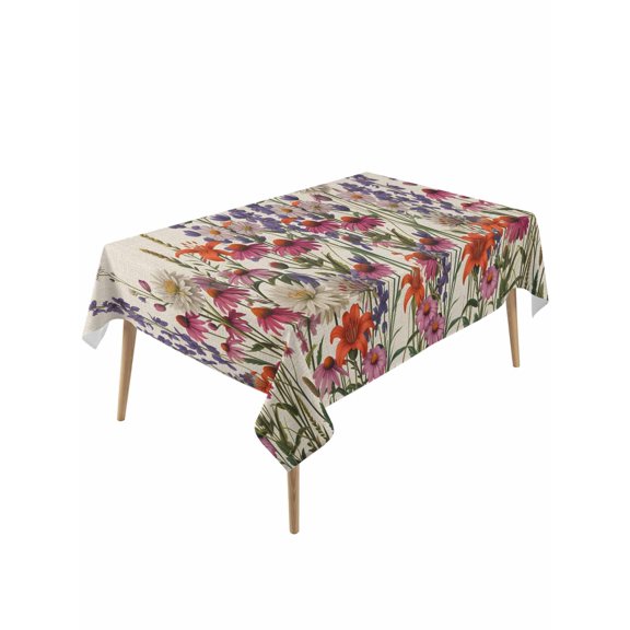 Watercolor Floral Table Cloth, Waterproof Tablecloth for Rectangle Tables, Spring Daisy Lily Lavender Garden Beige Reusable Washable Fabric Table Cover for Restaurant Kitchen Dining Tables 60"x120"
