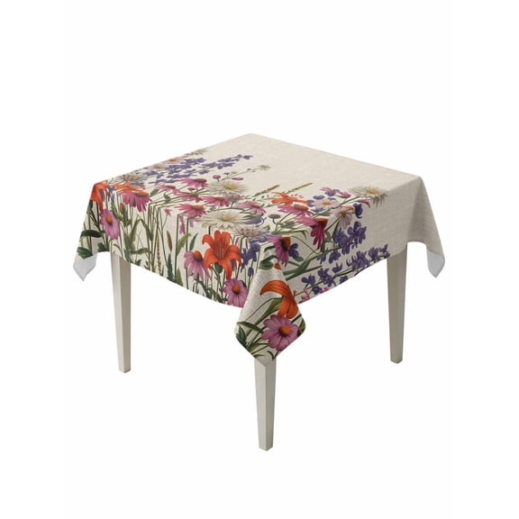 Watercolor Floral Table Cloth, Waterproof Tablecloth for Square Tables, Spring Daisy Lily Lavender Garden Beige Reusable Washable Fabric Table Cover for Restaurant Kitchen Dining Tables 54"x54"