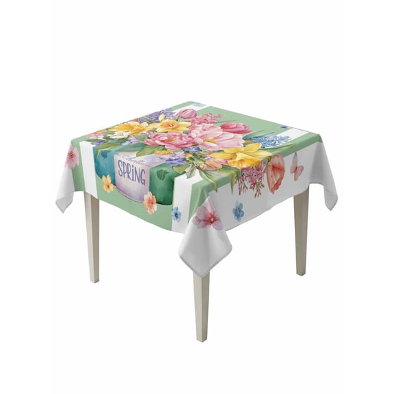 Watercolor Floral Table Cloth, Waterproof Tablecloth for Square Tables, Spring Flowers Butterflies Leaves Green Reusable Washable Fabric Table Cover for Restaurant Kitchen Dining Tables 54"x54"
