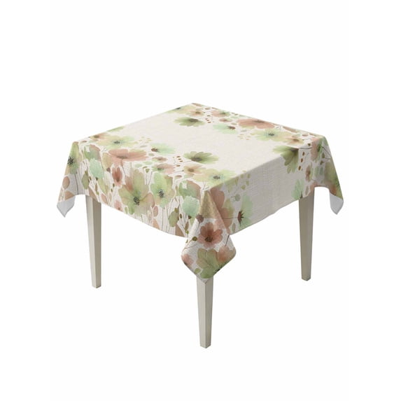 Watercolor Floral Table Cloth, Waterproof Tablecloth for Square Tables, Spring Green Flowers Botanical Beige Reusable Washable Fabric Table Cover for Restaurant Kitchen Dining Tables 54"x54"