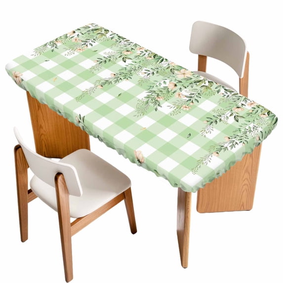 Watercolor Floral Table Cloths for 4 Foot Rectangle Tables, Spring Flowers Leaves Botanical Green Plaid Patio Waterproof Elastic Fitted Tablecloths, Washable Rectangular Table Cover for Camping