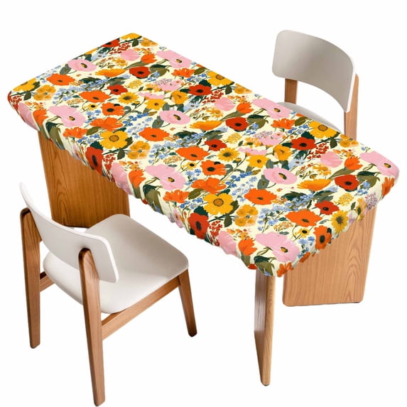 Watercolor Floral Table Cloths for 4 Foot Rectangle Tables, Spring Poppy Daisy Flowers Botanical Beige Patio Waterproof Elastic Fitted Tablecloths, Washable Rectangular Table Cover for Camping