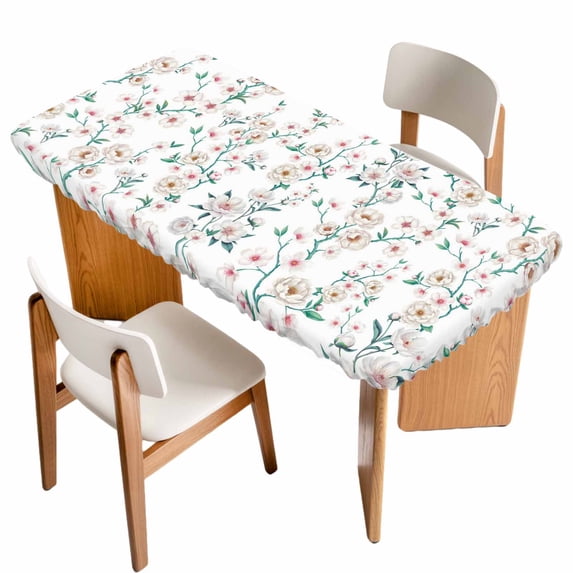 Watercolor Floral Table Cloths for 5 Foot Rectangle Tables, Spring Botanical Flowers Tree Branches Patio Waterproof Elastic Fitted Tablecloths, Washable Rectangular Table Cover for Camping