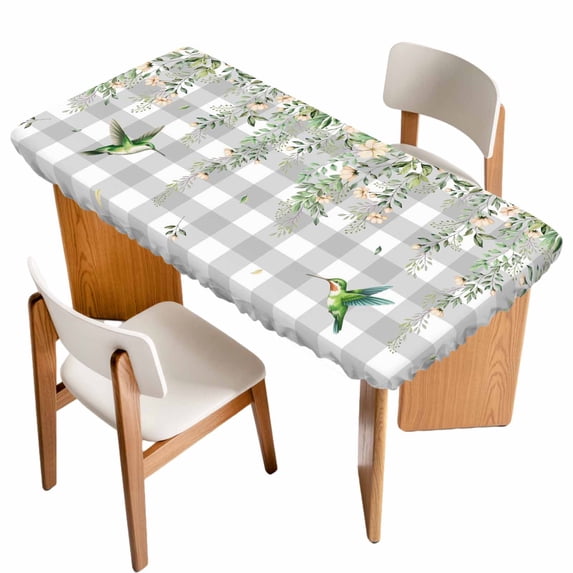 Watercolor Floral Table Cloths for 5 Foot Rectangle Tables, Spring Flowers Birds Plants Gray Plaid Patio Waterproof Elastic Fitted Tablecloths, Washable Rectangular Table Cover for Camping