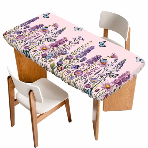 Watercolor Floral Table Cloths for 5 Foot Rectangle Tables, Spring Lavender Daisy Butterflies Pink Patio Waterproof Elastic Fitted Tablecloths, Washable Rectangular Table Cover for Camping