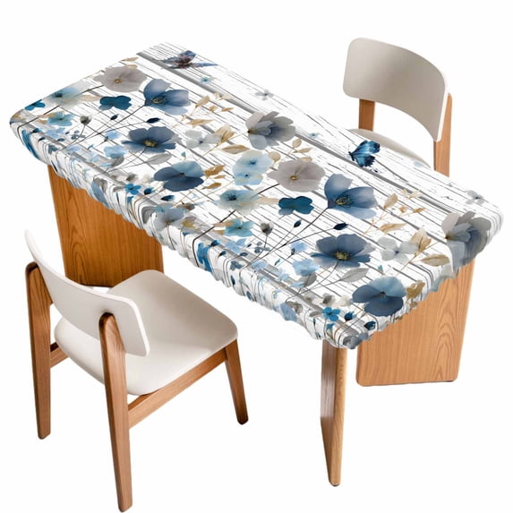 Watercolor Floral Table Cloths for 6 Foot Rectangle Tables, Blue Flowers Butterflies Spring Wood Grain Patio Waterproof Elastic Fitted Tablecloths, Washable Rectangular Table Cover for Camping