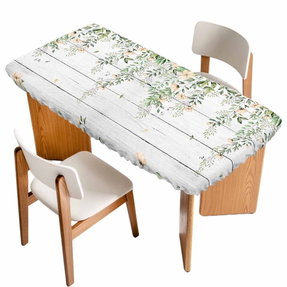 Watercolor Floral Table Cloths for 6 Foot Rectangle Tables, Spring Flowers Leaves Botanical Wood Grain Patio Waterproof Elastic Fitted Tablecloths, Washable Rectangular Table Cover for Camping