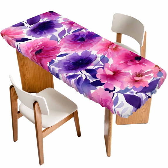Watercolor Floral Table Cloths for 8 Foot Rectangle Tables, Spring Flowers Botanical Vintage Patio Waterproof Elastic Fitted Tablecloths, Washable Rectangular Table Cover for Camping