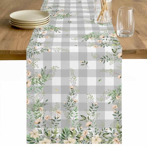 Watercolor Floral Table Runner 36 Inches Long Farmhouse Dress Scarves, Spring Flowers Leaves Plants Gray Plaid Dining Tablerunner for Coffee Table/Kitchen Island/Party Décor, Small 13" x 36"