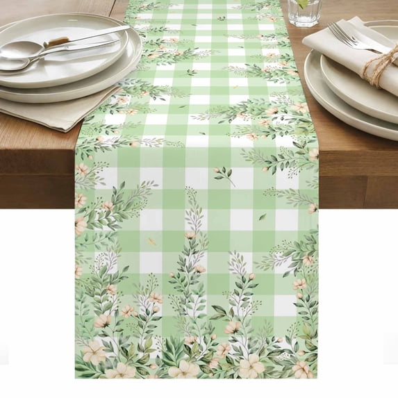 Watercolor Floral Table Runner - 72 Inch Long, Kitchen Dining Table Runner Dresser Scarves, Spring Flowers Leaves Botanical Green Plaid Farmhouse Decor for Coffee Tables Wedding Party Banquet