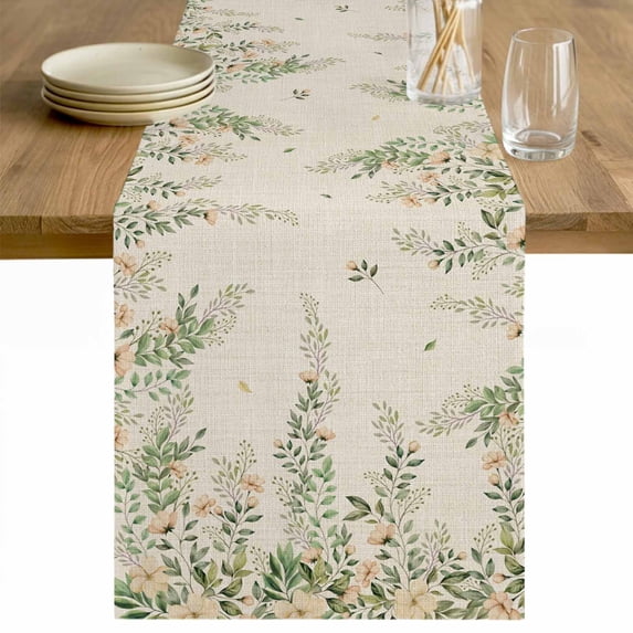 Watercolor Floral Table Runner - 72 Inch Long Spring Leaves Flowers Botanical Beige Cotton and Linen Blended Dress Scarves Farmhouse Table Runner for Kitchen Dining, Coffee Table, 13" x 72"