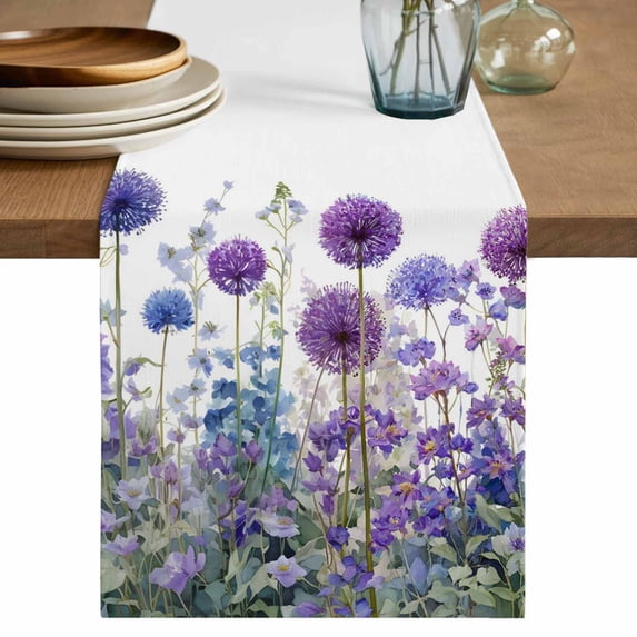 Watercolor Floral Table Runner, Spring Garden Onion Flowers Lavender Plants Washable Cotton Linen Table Runners 60 Inches Long, Dresser Scarf Runner for Coffee/TV Stands/Kitchen/Cabinets 13''x60''