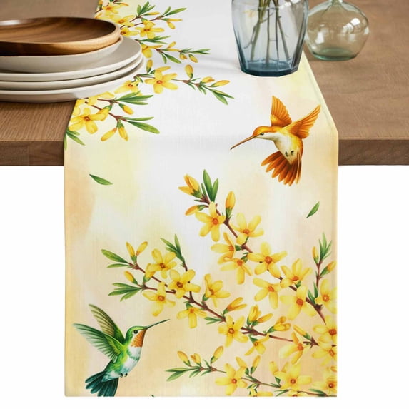 Watercolor Floral Table Runner, Yellow Flower Hummingbirds Botanical Spring Cotton Linen Table Runners 70 Inches Long, Dresser Scarf Runner for Dining/Kitchen/Coffee/TV Stands/Cabinets 13''x70''