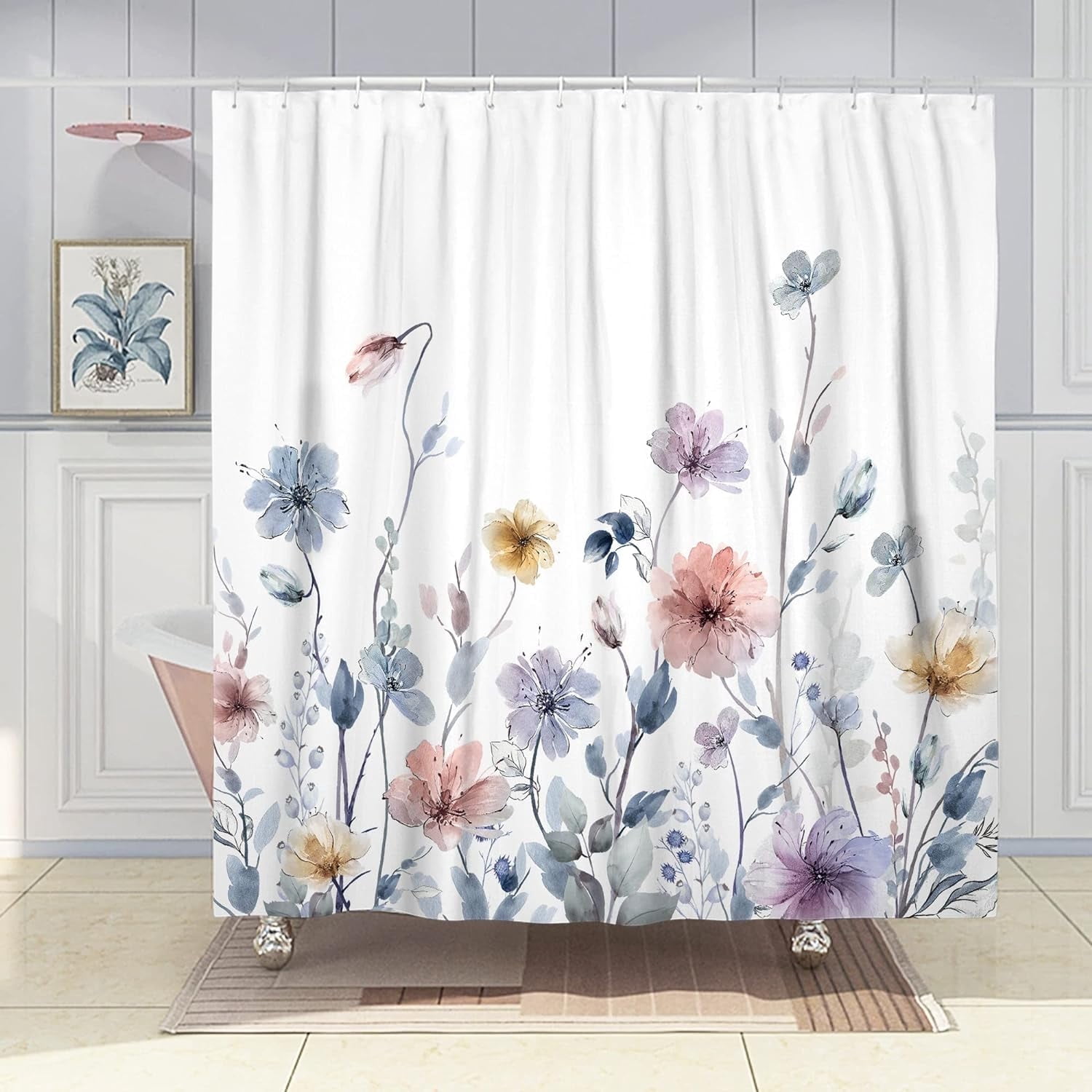 Watercolor Floral Tall Shower Curtain Set, Colorful Flower Shower Curtains for Bathroom Pastel Wildflower Bathroom Decor Polyester Fabric-72" x 78"
