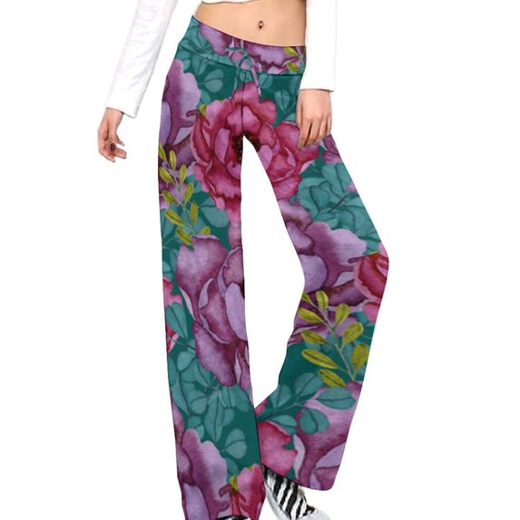 Watercolor Floral Teal Background Pattern for Women Casual Lightweight Straight Leg Pants Comfy Women's Trousers