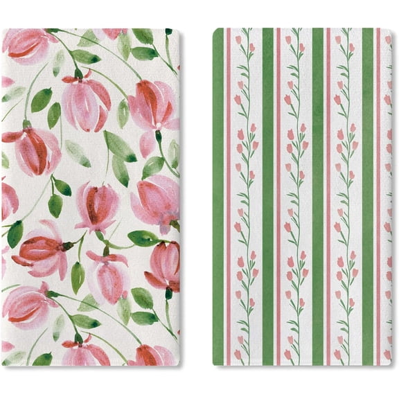 Watercolor Floral Theme Kitchen Dish Towels Set of 2, Pink Green Flower Striped Cottagecore Drying Hand Towel Baking Cooking Cloth, Spring Summer Botanical Bathroom Home Decoration 18'' x 26''