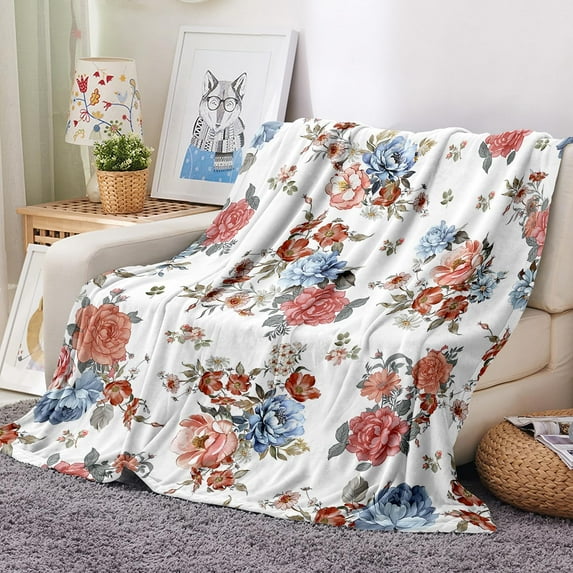 Watercolor Floral Throw Blanket Plant Flower Blanket Butterfly Dragonfly Throw Blanket Soft Flannel Fleece Blanket Cozy Fuzzy Plush Throw Blanket for Bed Sofa Travel 60” x 80”