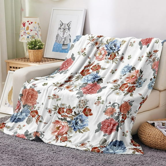 Watercolor Floral Throw Blanket Plant Flower Blanket Butterfly Dragonfly Throw Blanket Soft Flannel Fleece Blanket Cozy Fuzzy Plush Throw Blanket for Bed Sofa Travel 60” x 80”