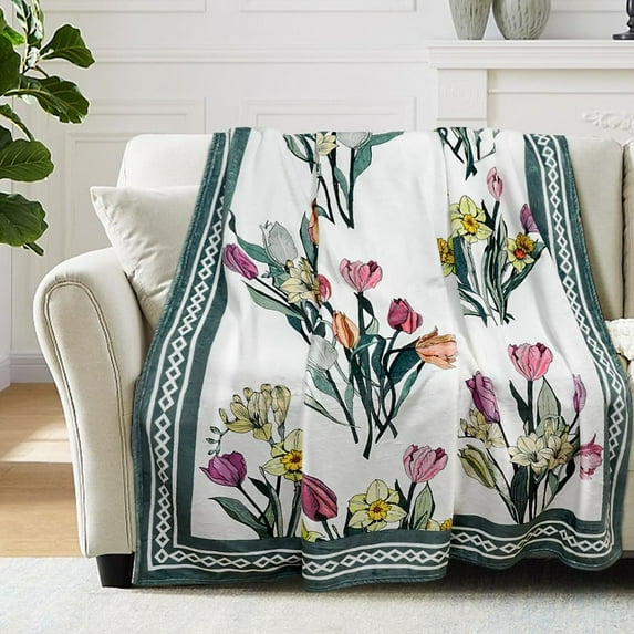Watercolor Floral Throw Blanket Plant Flower Blanket Butterfly Dragonfly Throw Blanket Soft Flannel Fleece Blanket Cozy Fuzzy Plush Throw Blanket for Bed Sofa Travel 60” x 80”