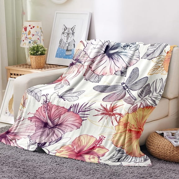 Watercolor Floral Throw Blanket Plant Flower Blanket Butterfly Dragonfly Throw Blanket Soft Flannel Fleece Blanket Cozy Fuzzy Plush Throw Blanket for Bed Sofa Travel 60” x 80”