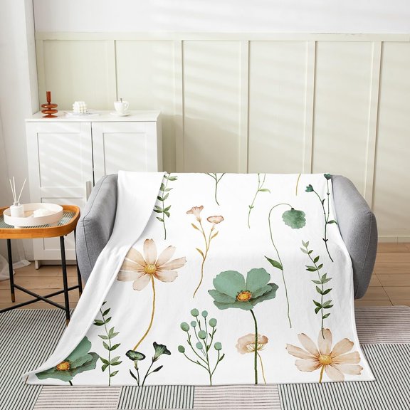 Watercolor Floral Throw Blanket for Couch Bed Soft Lightweight Botanical Flowers Fleece Blanket Cozy Warm Plant Bed Blanket for Living Room Decor