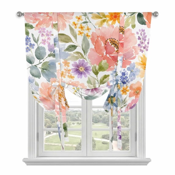 Watercolor Floral Tie Up Curtains 45 Inches Long, Kitchen Window Curtains Over Sink, Blooms Flowers Bright Wildflowers Small Window Curtains Shade Balloon Curtains Valances for Bedroom/Cafe 34"x45"