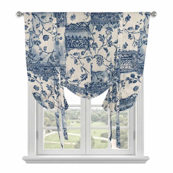 Watercolor Floral Tie Up Curtains 45 Inches Long, Kitchen Window Curtains Over Sink, Vintage Country Tribal Tie-dye Flowers Blue Small Window Curtains Balloon Curtains Valances for Bedroom 34"x45"