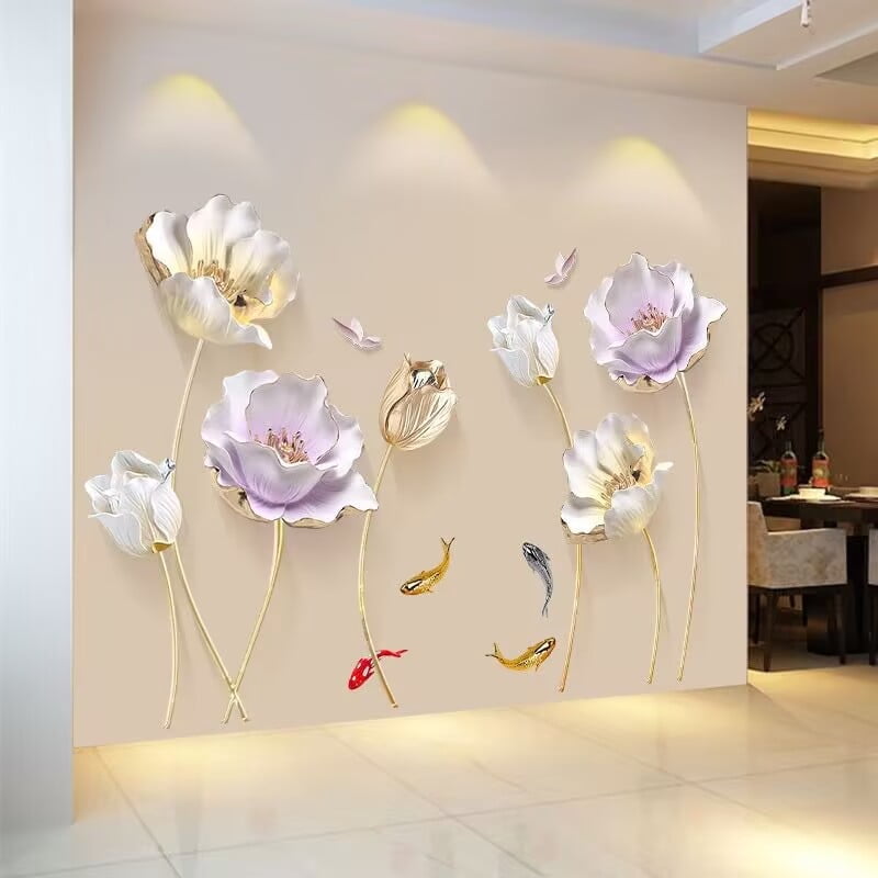 Watercolor Floral Wall Decals Large 3D Flower Wall Stickers Gold Tulip Floral Wall Art Decals for Living Room Bedroom TV Background Wall Decor