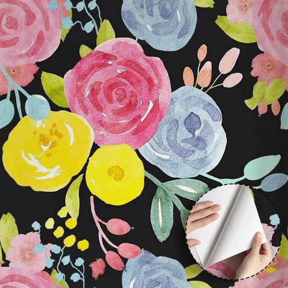 Watercolor Floral Wallpaper Vintage Boho Style, Peel and Stick Wallpaper Waterproof Wall Decoration for Bedroom Living Room Kitchen Cabinet Rental Property Home Decor 17.7 * 118 in